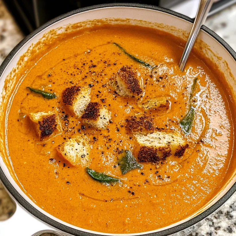 A bowl of roasted red pepper soup.