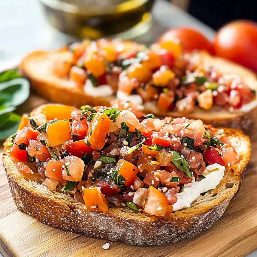 Two pieces of bread with tomatoes and basil on top.