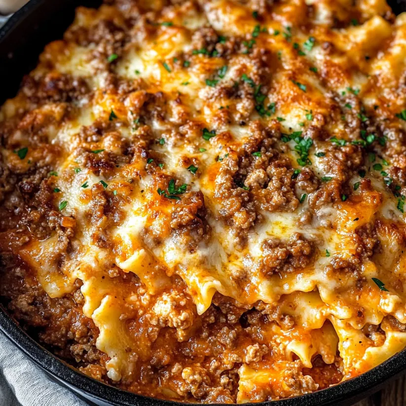 A close up of a one pot hamburger helper lasagna.