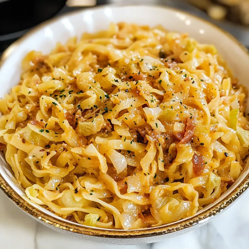 A bowl of noodles with onions and cabbage.