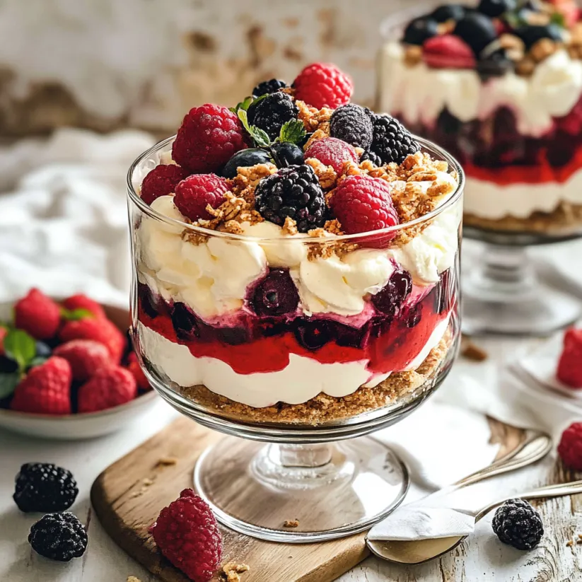 A glass bowl filled with a berry and cream dessert.