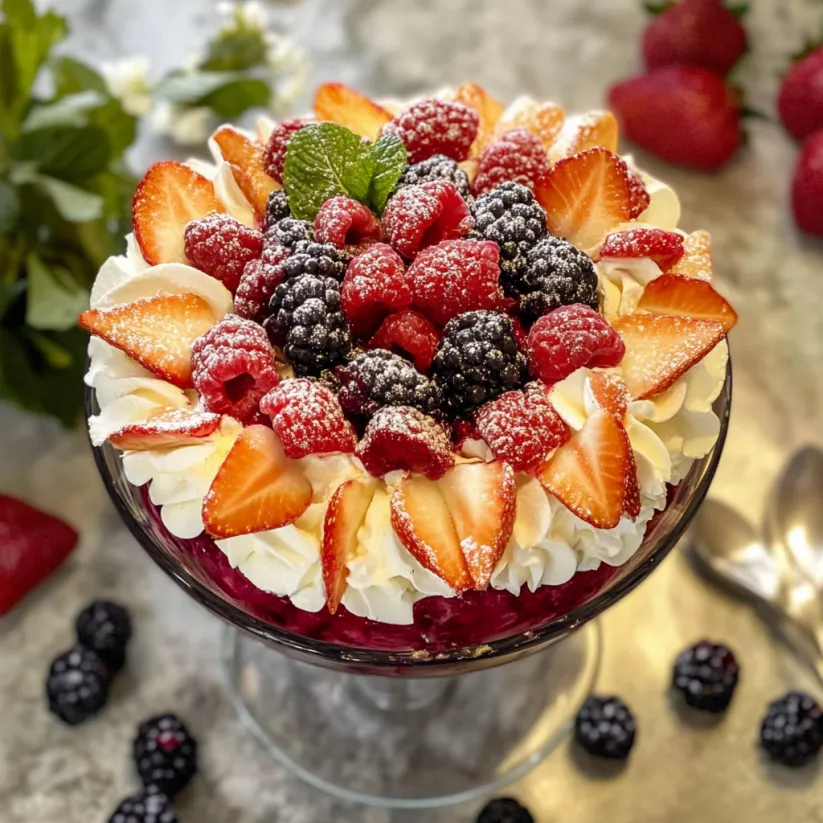 A bowl of berry trifle with strawberries and raspberries.