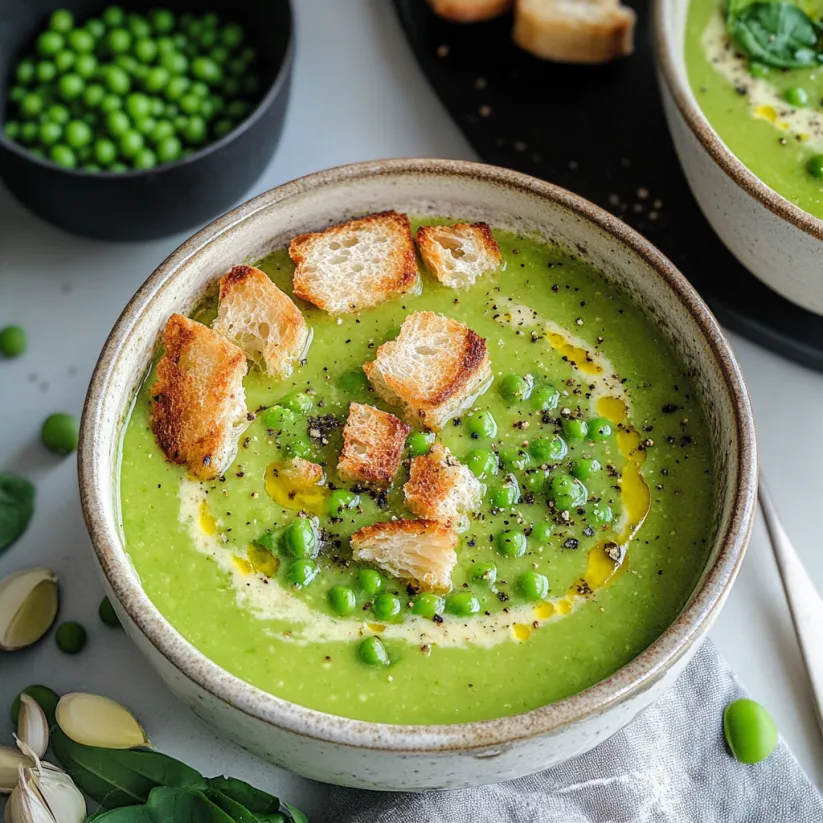 A bowl of soup with peas and bread.