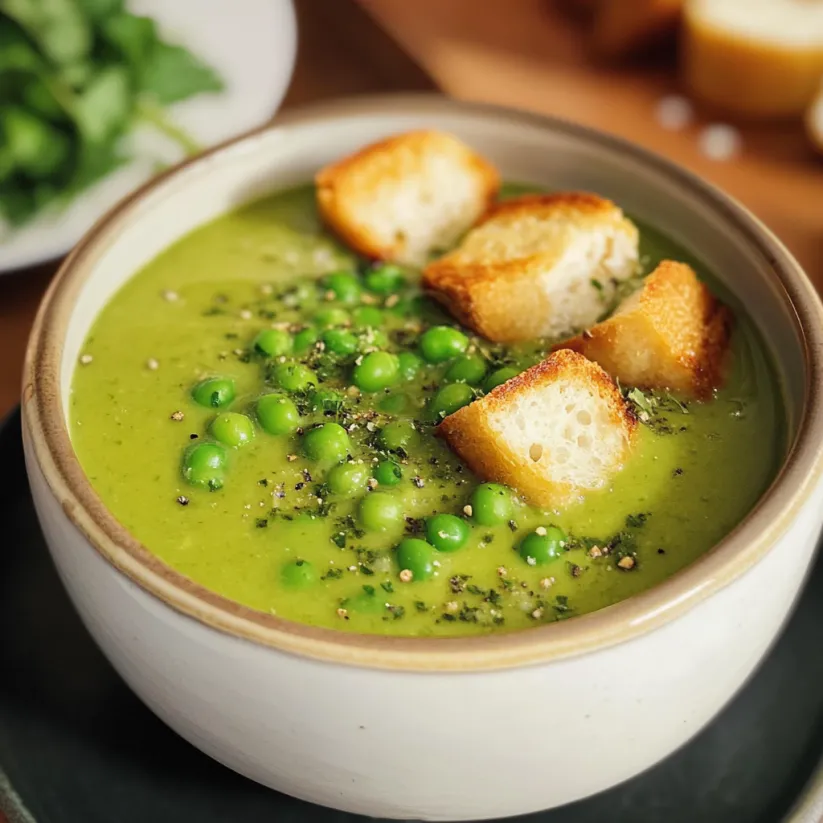A bowl of soup with peas and bread.