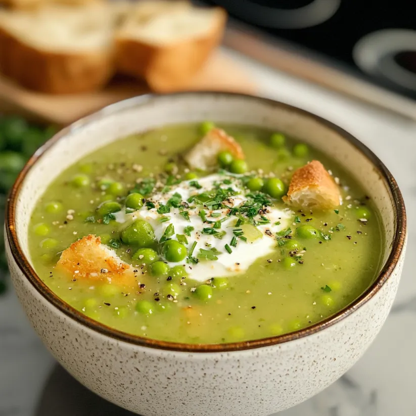 A bowl of fresh pea soup with bread.