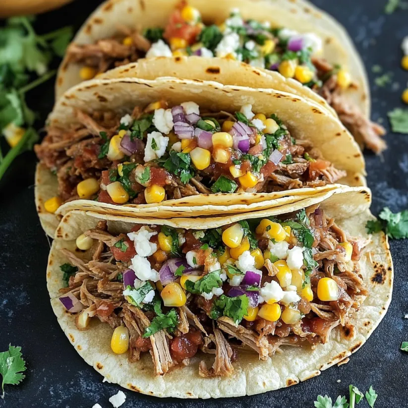 Slow cooker carnitas tacos with Mexican corn salsa.