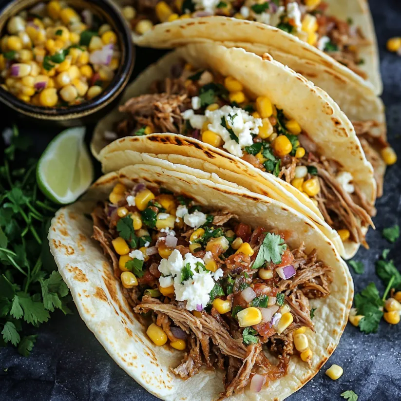 Slow cooker carnitas tacos with Mexican corn salsa.