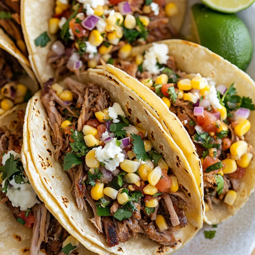 Slow cooker carnitas tacos with Mexican corn salsa.