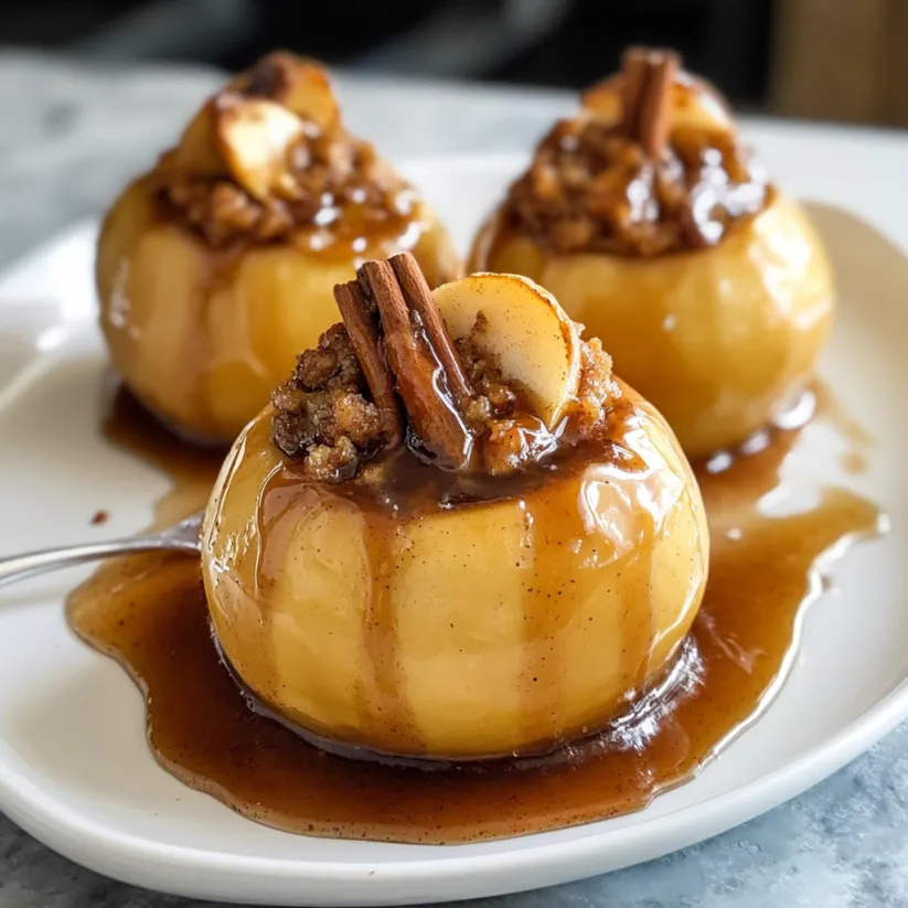 Three baked stuffed apples with cinnamon honey sauce.