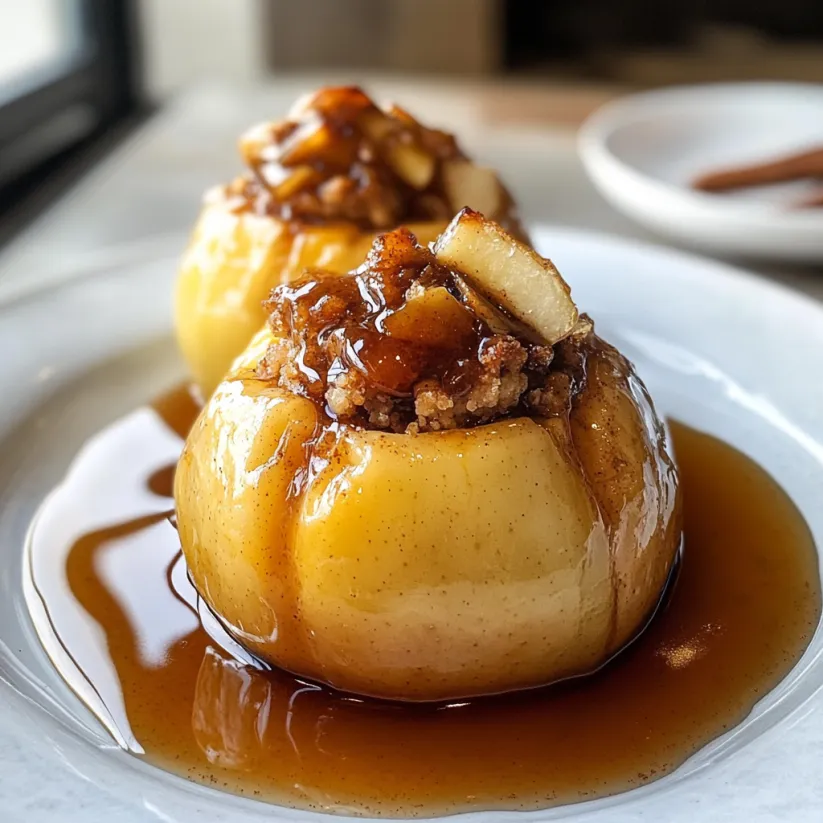 Two baked stuffed apples with cinnamon honey sauce.