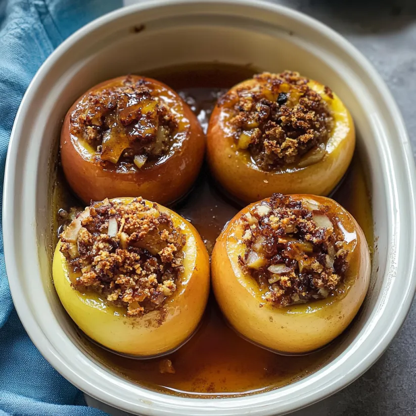 Three baked apples with cinnamon honey sauce.