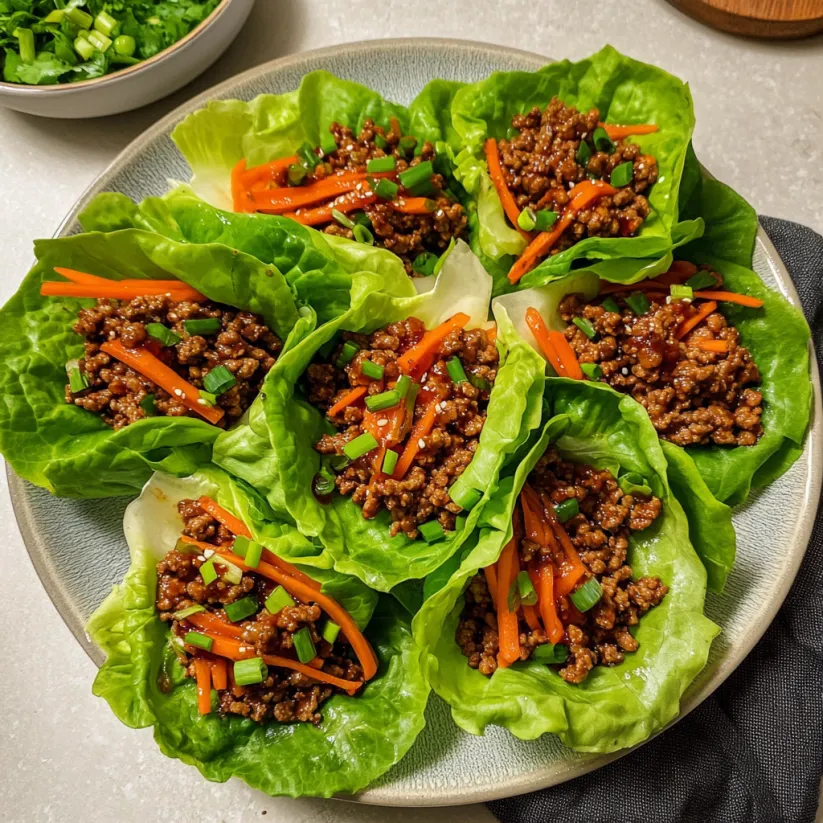 A plate of lettuce wraps with meat and vegetables.