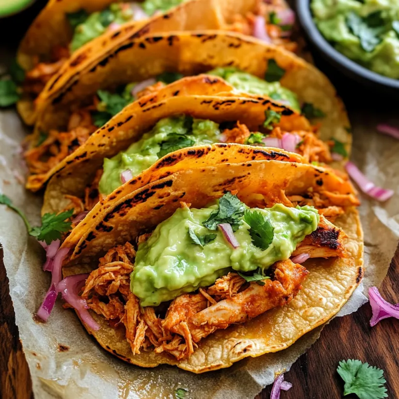 Crispy chicken tinga tacos with avocado-jalapeño crema.