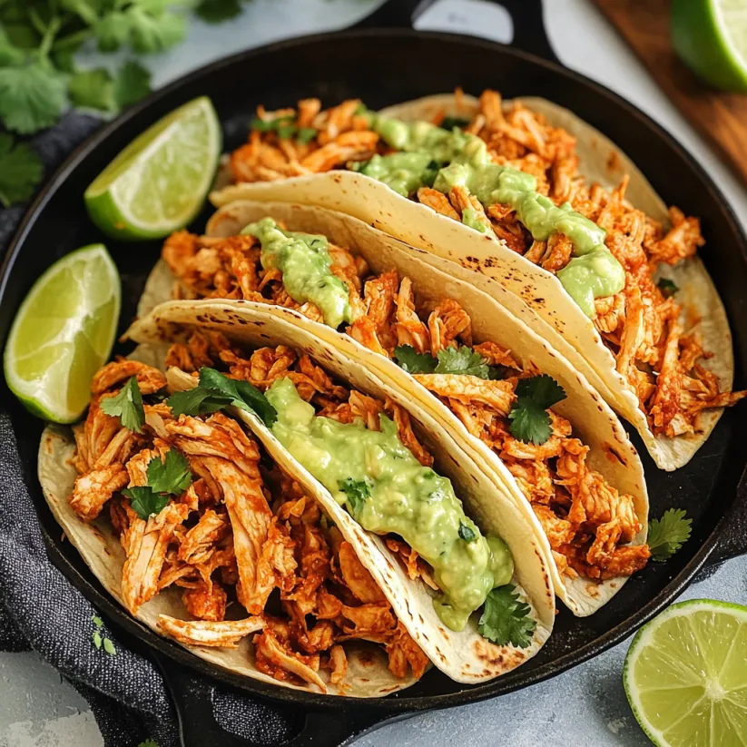 Crispy chicken tinga tacos with avocado-jalapeño crema.
