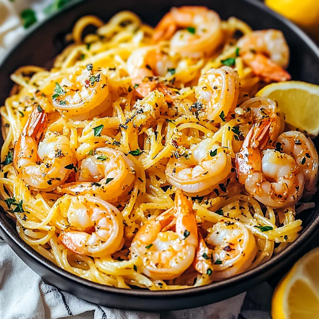 A bowl of shrimp and pasta with lemon and garlic.