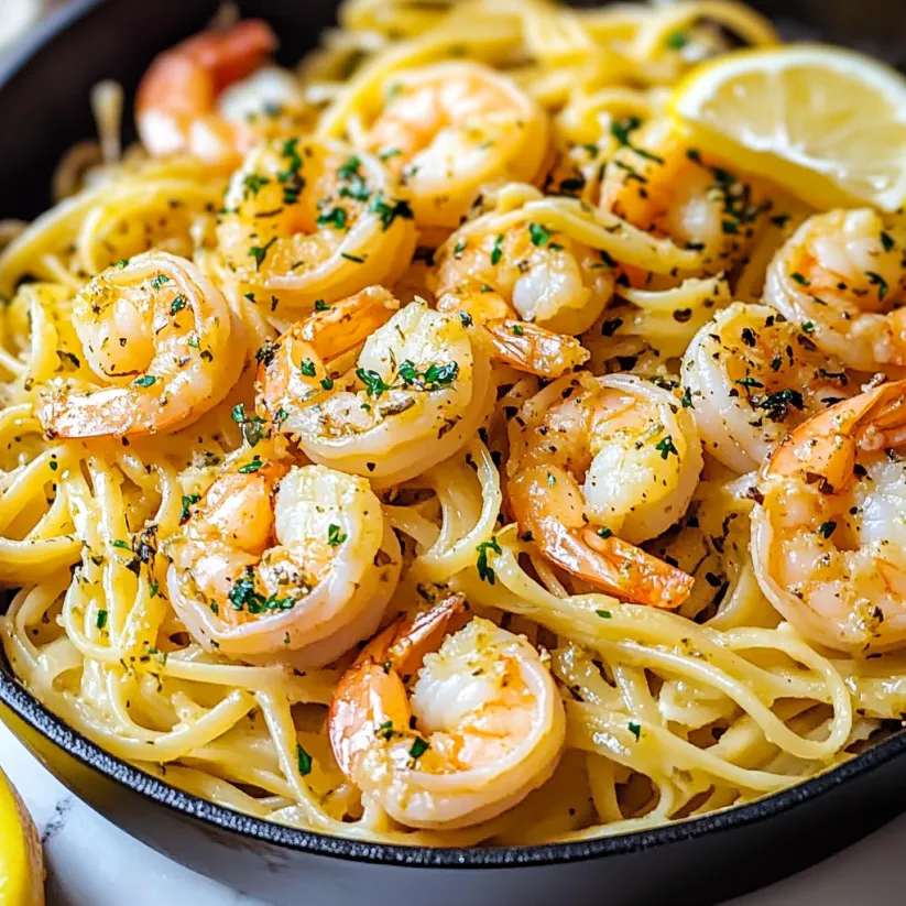 A bowl of shrimp and pasta with lemon and garlic.