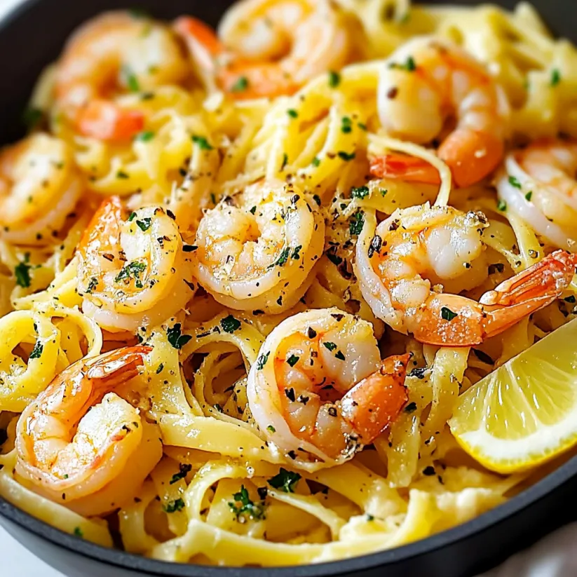 A bowl of shrimp and pasta with a lemon wedge on top.