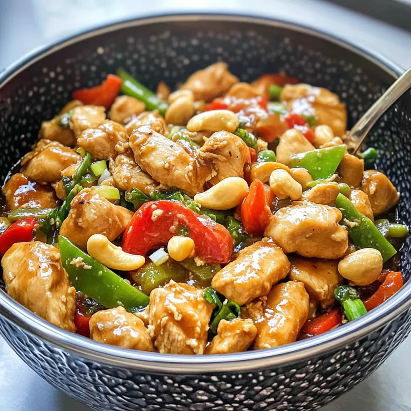 A bowl of cashew chicken stir fry.