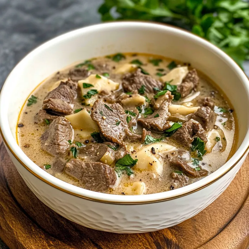 A bowl of beef stroganoff soup.
