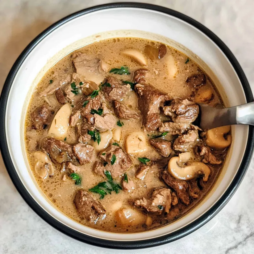 A bowl of beef stroganoff soup.