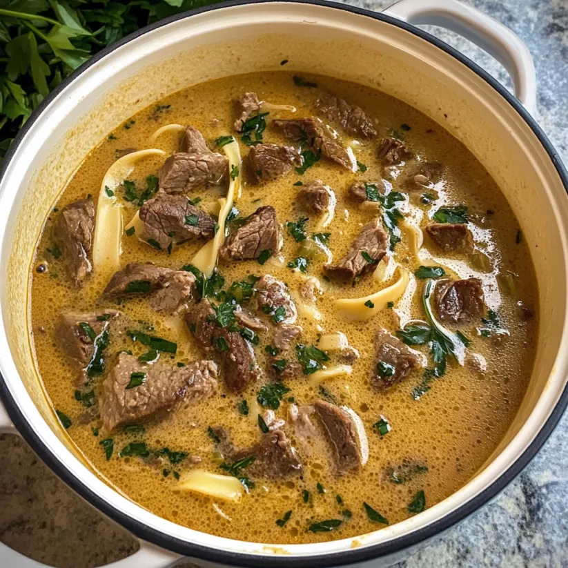 A bowl of beef stroganoff soup.