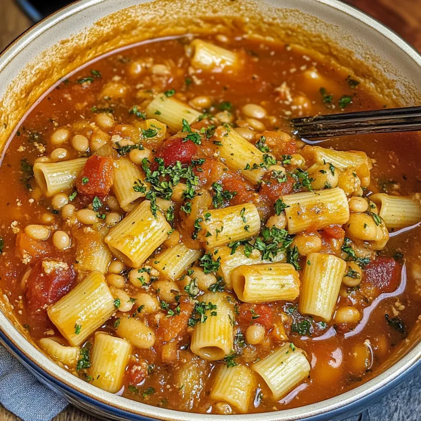 A bowl of pasta e fagioli.