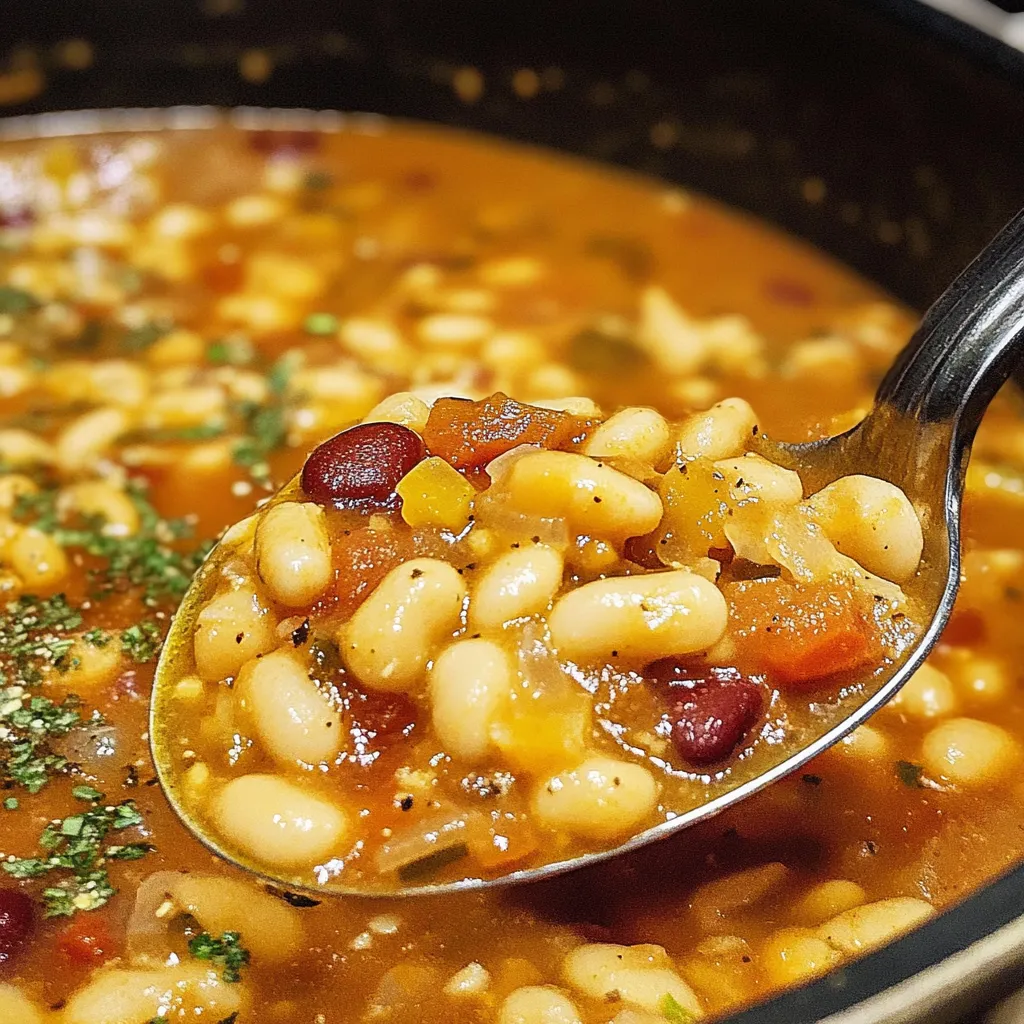 A spoon is in a bowl of pasta e fagioli.