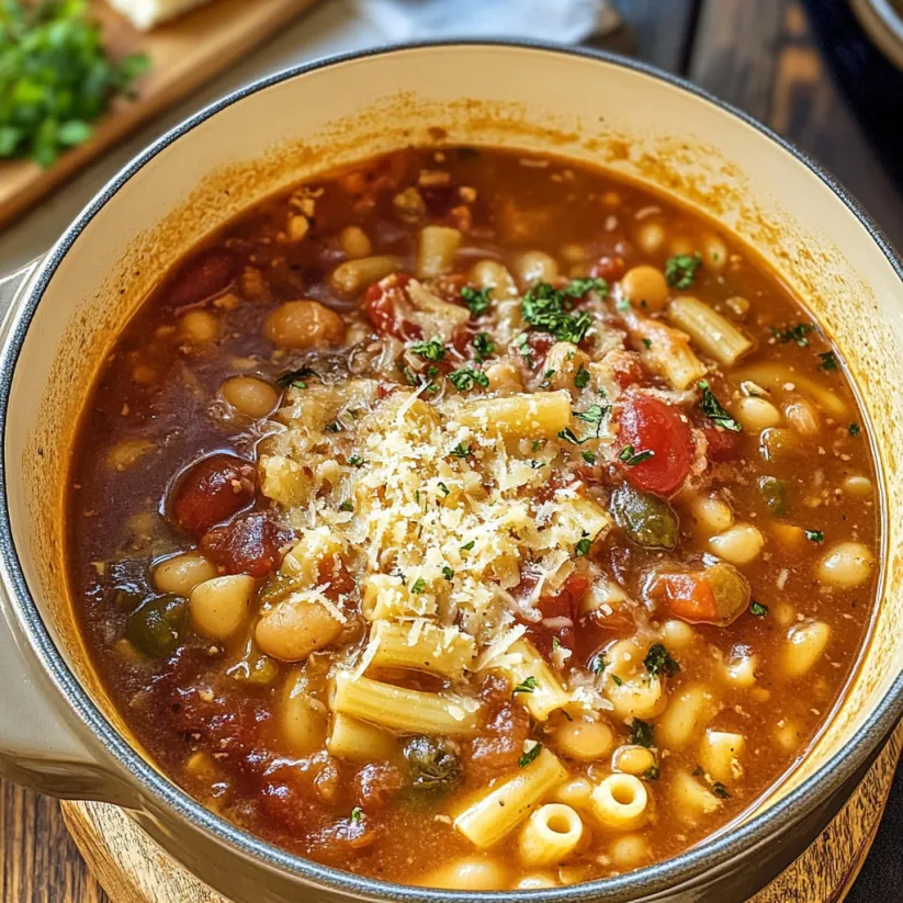 A bowl of pasta e fagioli.