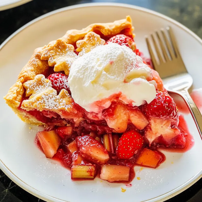 A slice of strawberry rhubarb pie with a fork.