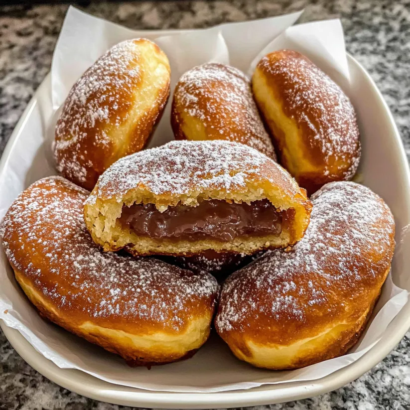 A plate of malasadas with chocolate and powdered sugar.