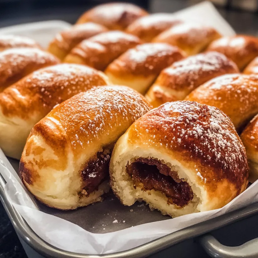 A tray of malasadas with powdered sugar on top.