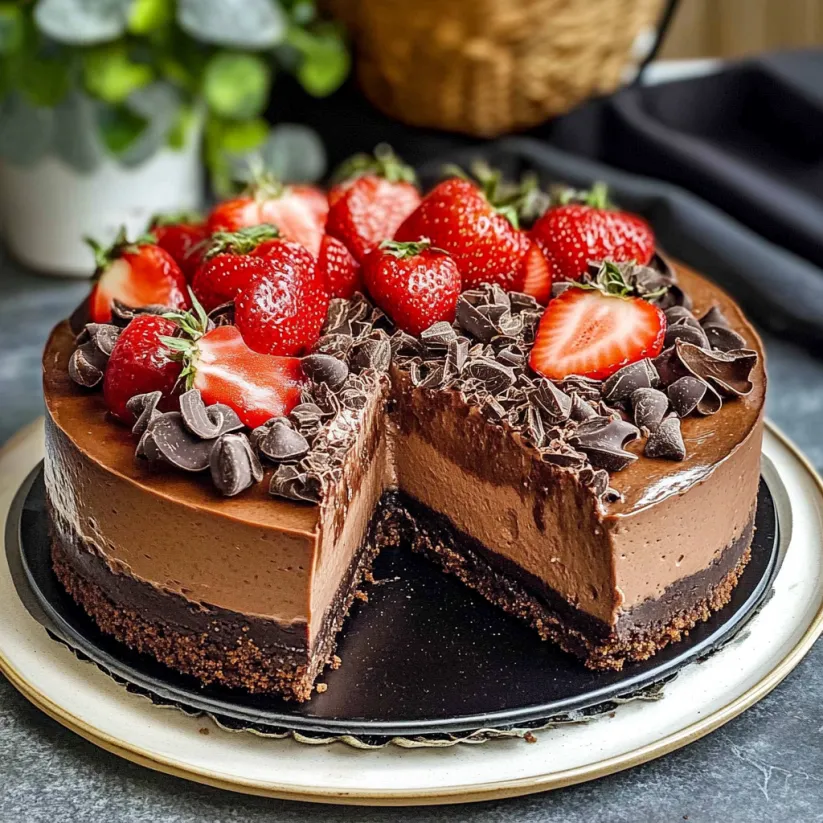 A slice of chocolate cheesecake with strawberries on top.