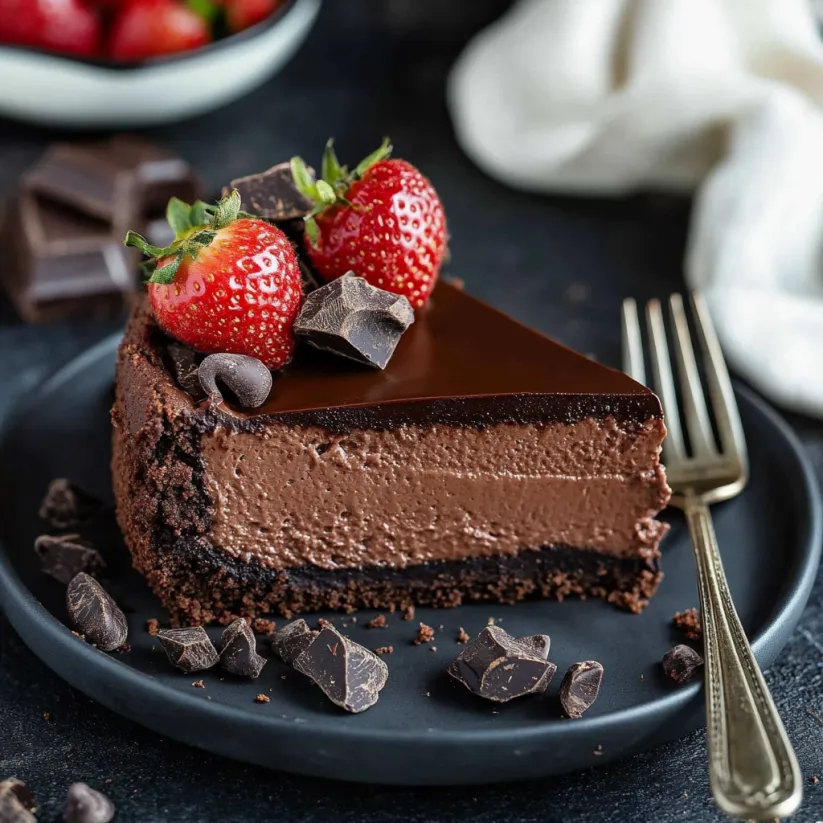 A slice of chocolate cheesecake with strawberries on top.
