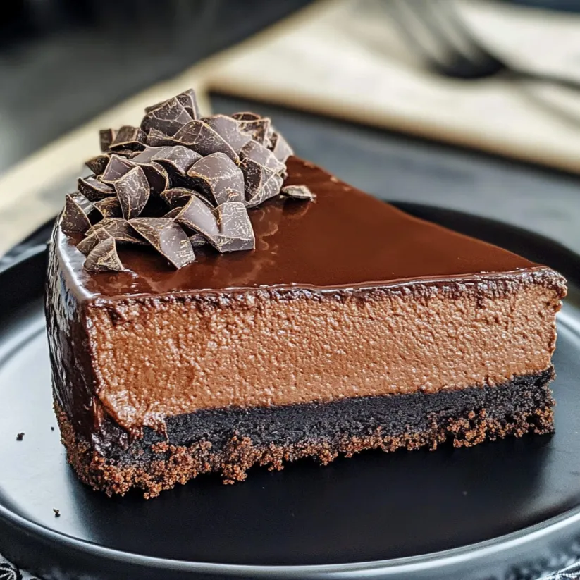 A slice of chocolate cheesecake on a black plate.