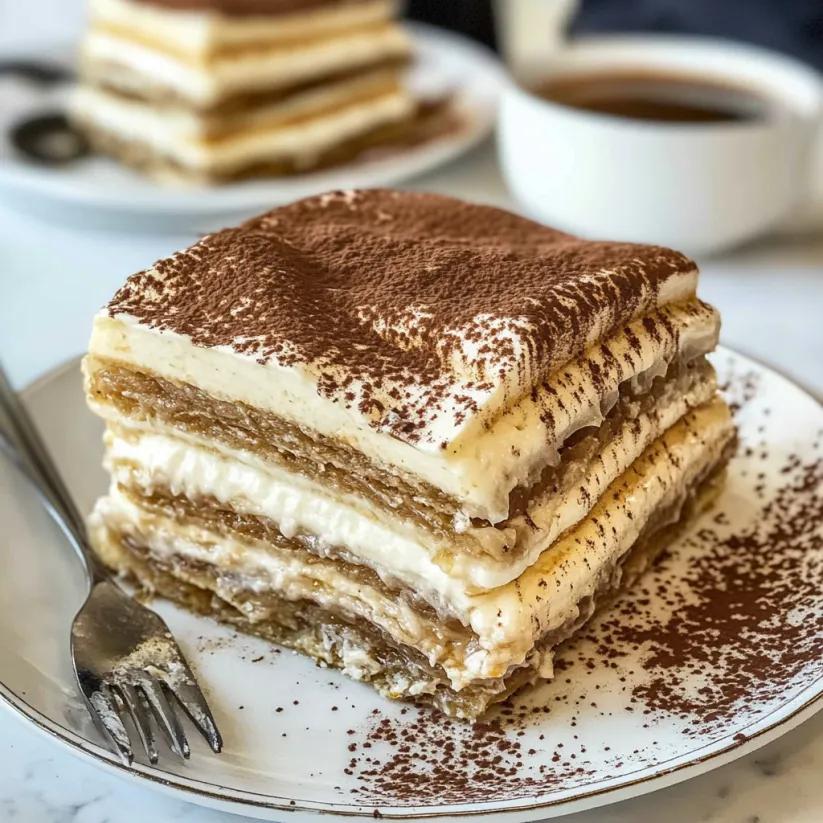 A stack of cake with a cup of coffee.