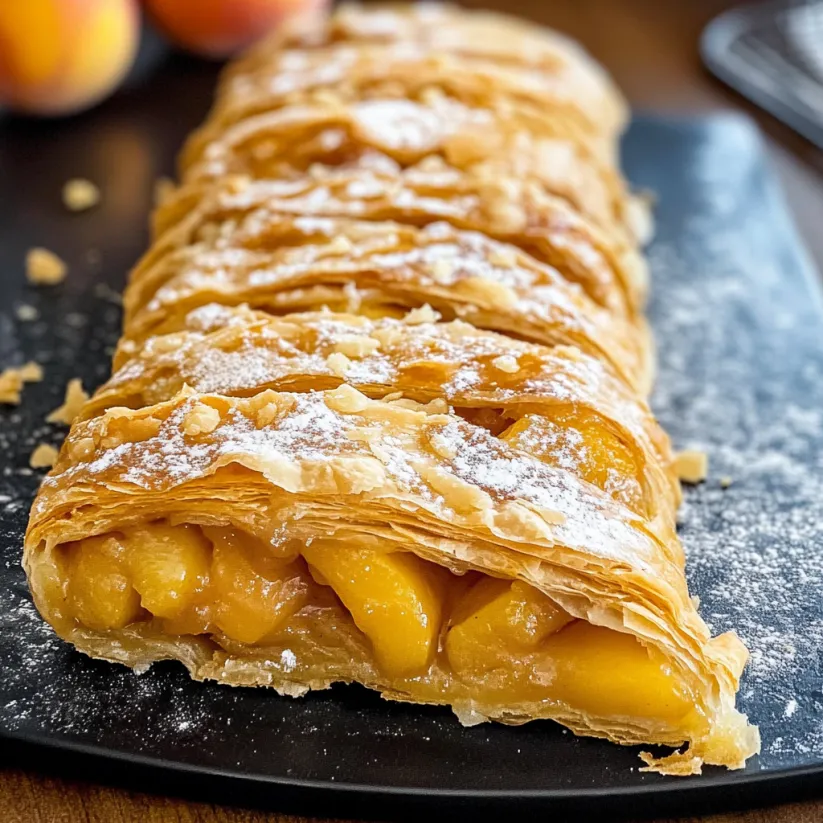 A peach strudel on a plate.