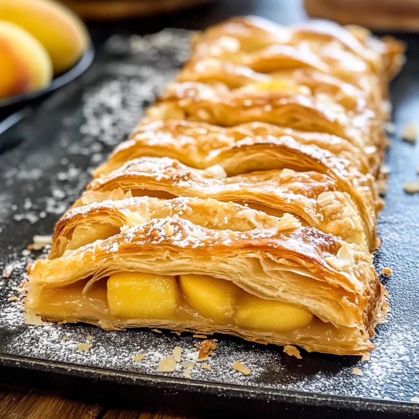 A peach strudel on a black plate.