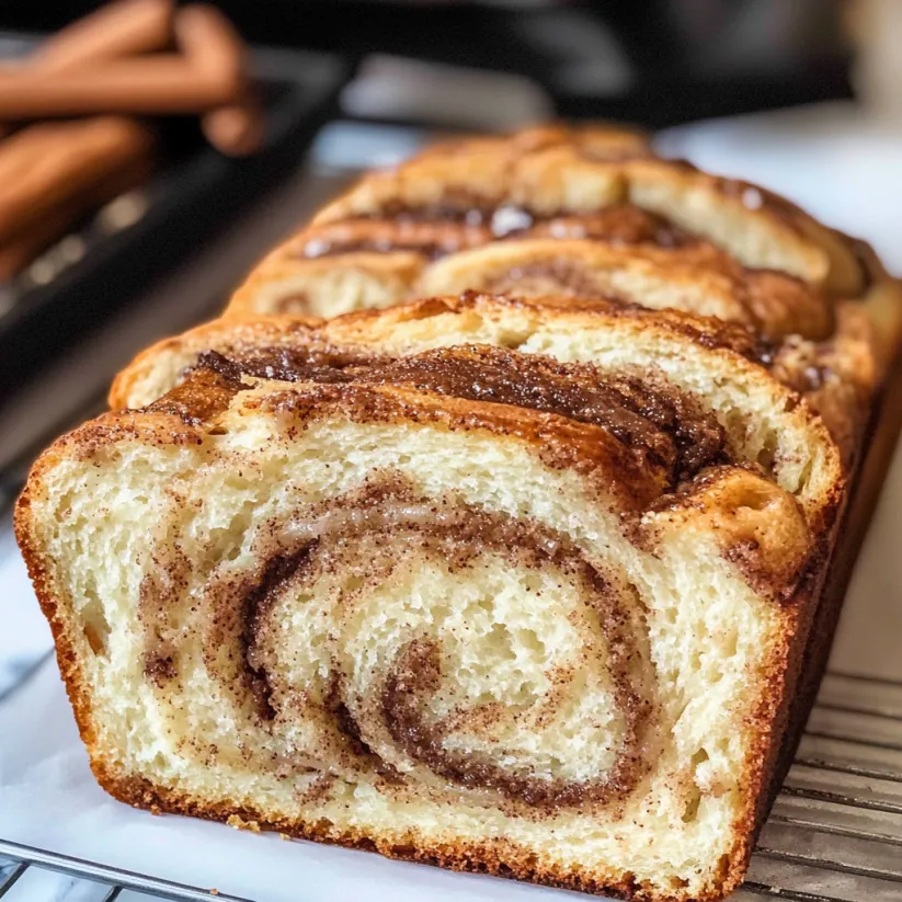 A loaf of cinnamon bread on a table.