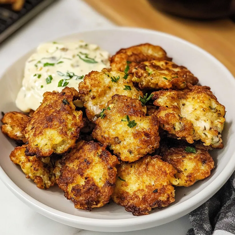 A bowl of chicken fritters with a side of dipping sauce.