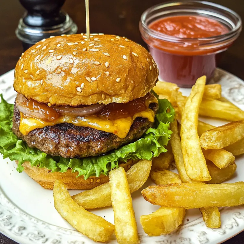 A cheeseburger with fries and ketchup.