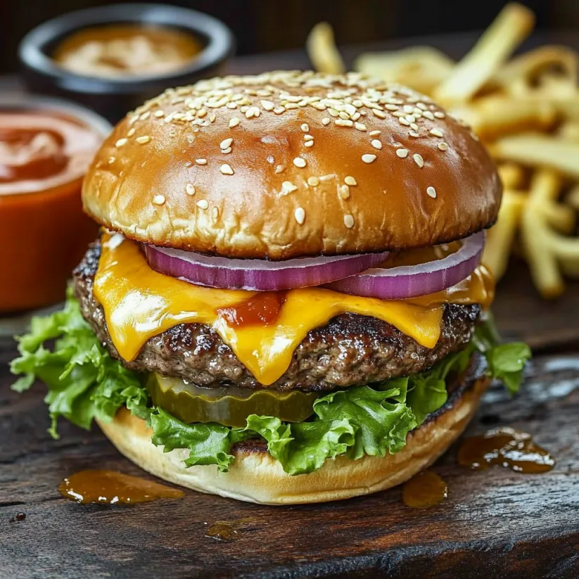 A cheeseburger with onions and peppers on a bun.