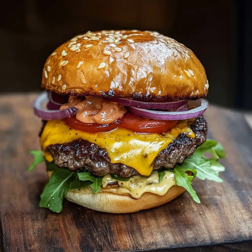 A cheeseburger with lettuce and tomato on a wooden table.