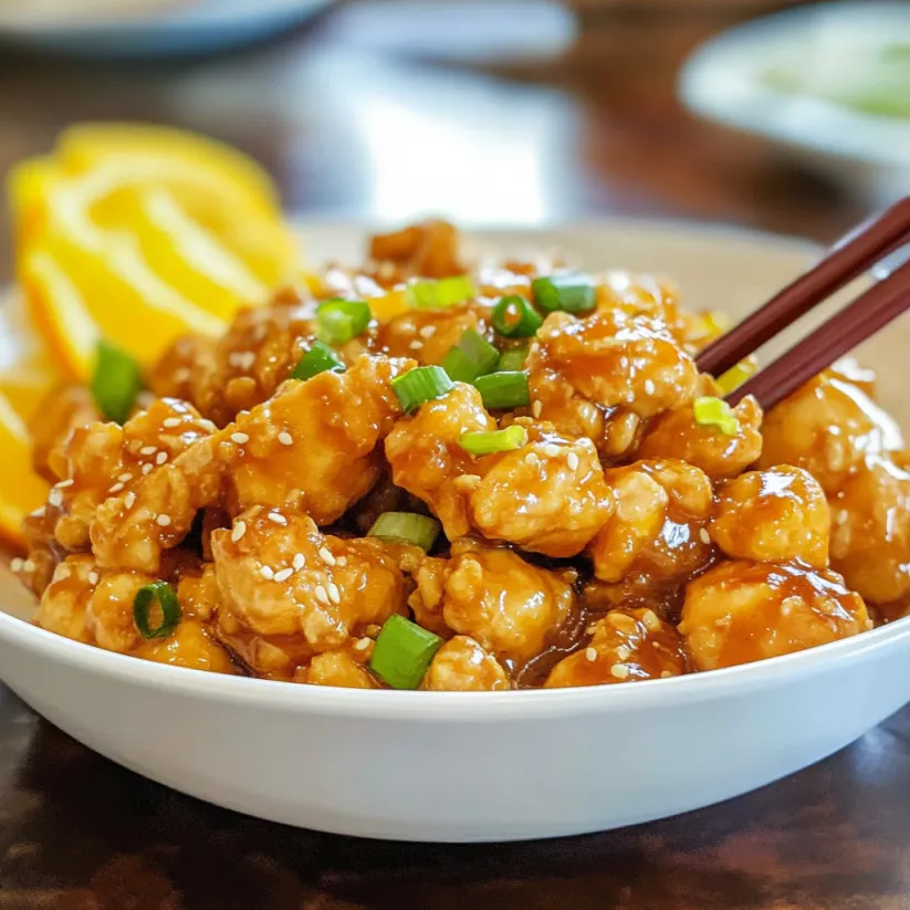 A bowl of orange chicken with chopsticks.