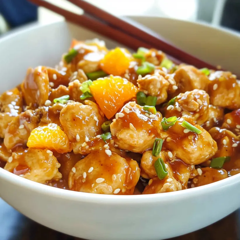 A bowl of orange chicken with chopsticks.