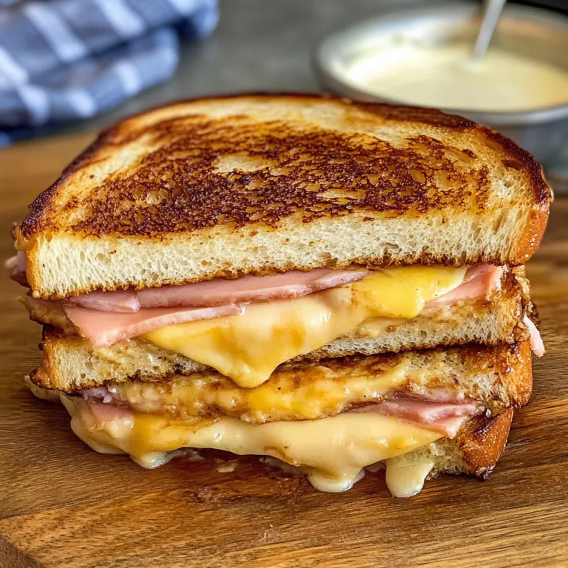 A Monte Cristo sandwich with cheese and ham.