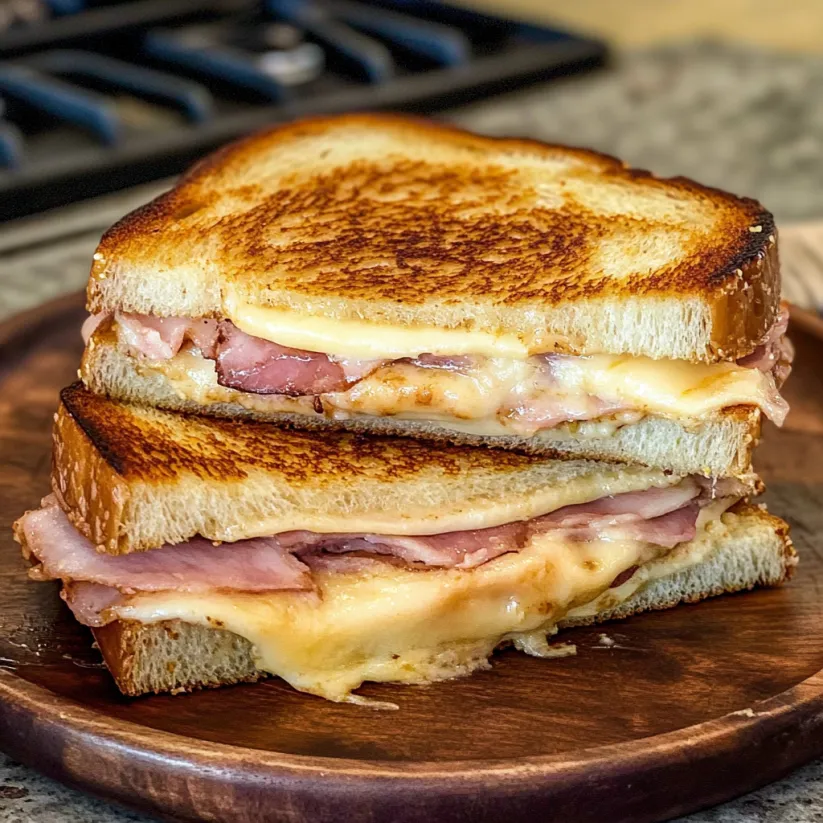 A Monte Cristo sandwich is cut in half and placed on a wooden cutting board.