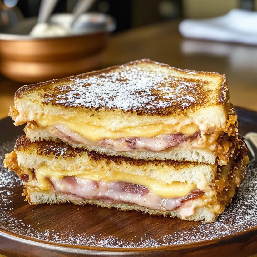 A Monte Cristo sandwich with powdered sugar on a plate.