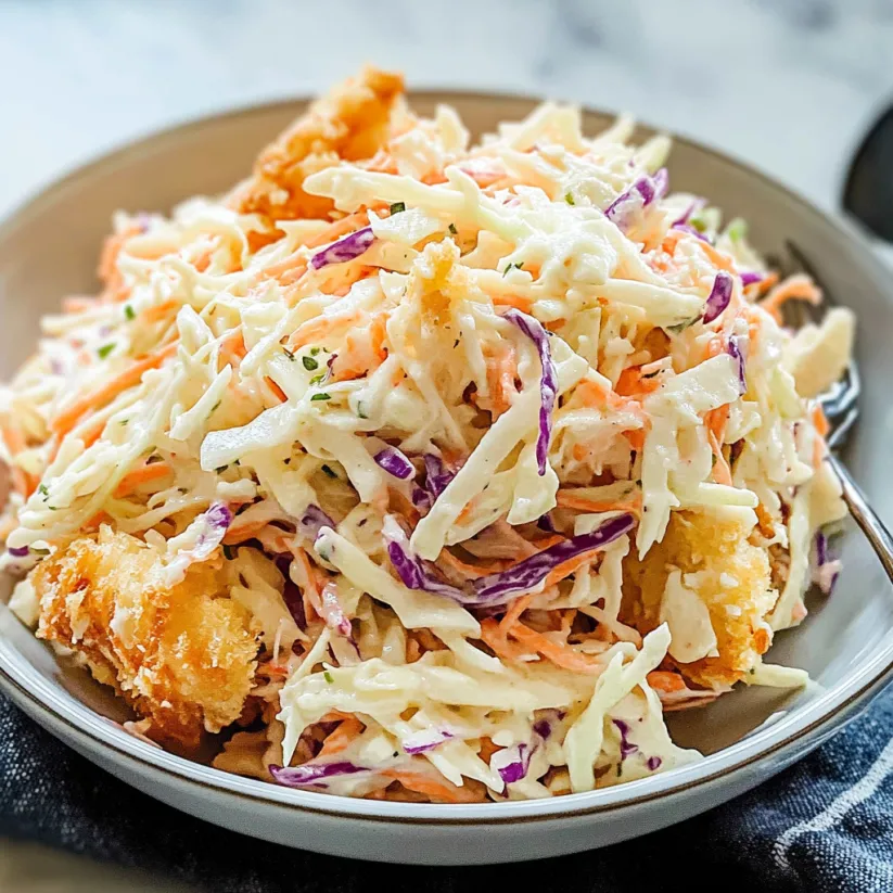 A bowl of coleslaw with chicken.