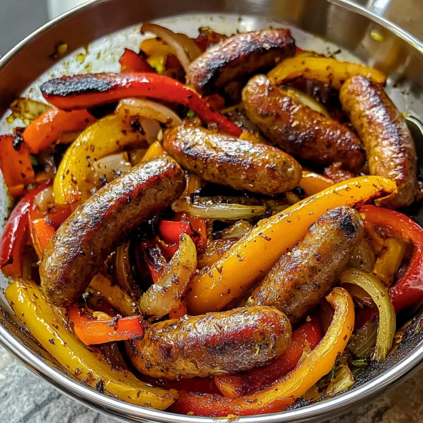 A bowl of sausage, peppers and onions.