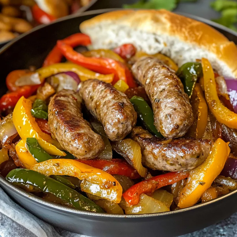 A bowl of sausage, peppers and onions.